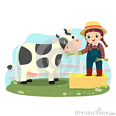 Cartoon of little girl on bale of hay feeding her cow with green grass Vector Illustration