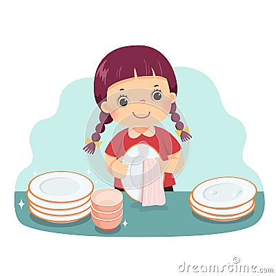 Cartoon of a little girl drying the dishes at kitchen counter. Kids doing housework chores at home concept Vector Illustration
