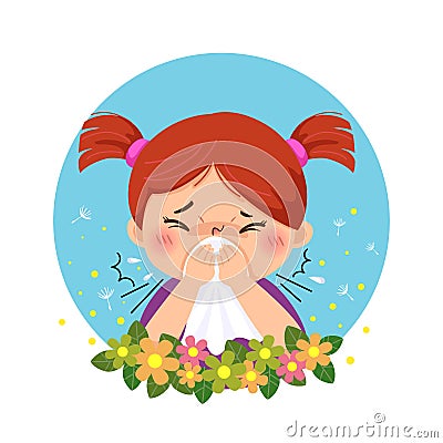 Cartoon little girl having allergy from pollen. Health Problems concept Vector Illustration