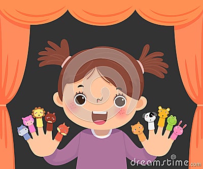 A cartoon of little girl playing animal finger puppets theatre Vector Illustration