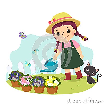 Cartoon of a little girl watering plant. Kids doing housework chores at home concept Vector Illustration