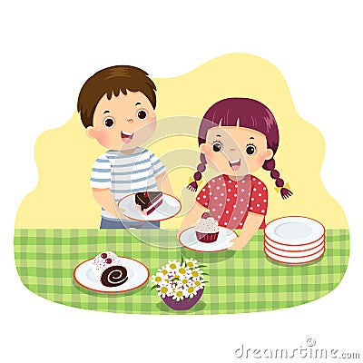 Cartoon of little siblings setting the table. Kids doing housework chores at home concept Vector Illustration