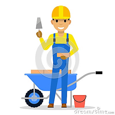 Vector cartoon man bricklayer stands with a brick Vector Illustration