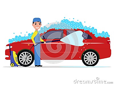 Vector illustration of a cartoon man washes a car Vector Illustration