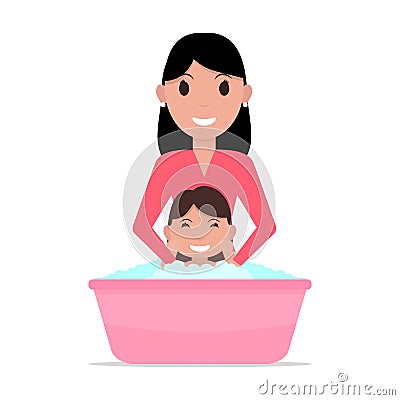 Vector illustration cartoon mother bathes a baby Vector Illustration