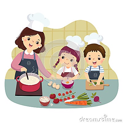 Cartoon of mother and children cooking at kitchen counter. Kids doing housework chores at home concept Vector Illustration