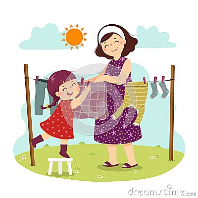 Cartoon of mother and daughter hanging the laundry on the backyard. Kids doing housework chores at home Vector Illustration