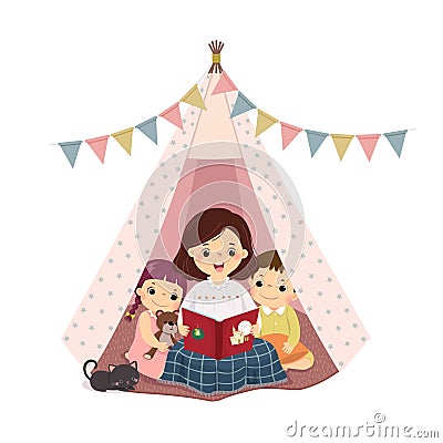 Cartoon of a mother reading book and telling story with son and daughter in the teepee tent Vector Illustration