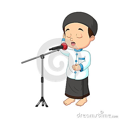 Cartoon Muslim boy call Adzan Vector Illustration