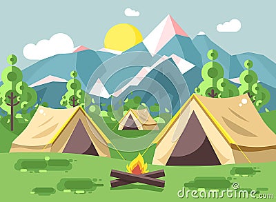 Vector illustration cartoon nature national park landscape with three tents camping hiking bonfire, open fire, bushes Vector Illustration