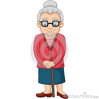 Cartoon Old woman with a cane Vector Illustration