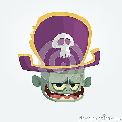 Vector illustration of Cartoon Pirate zombie head. Halloween zombie mascot in pirate bicorne hat with skull emblem. Isolated icon. Vector Illustration