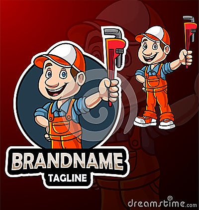 Cartoon plumber mascot design with big wrench Vector Illustration