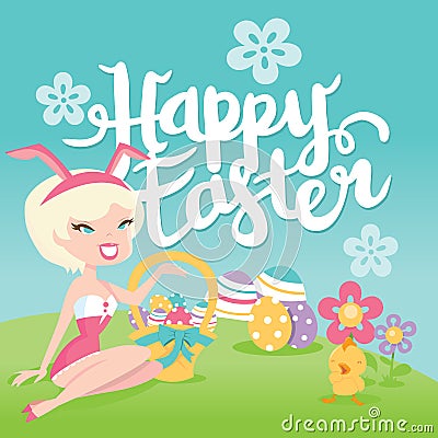 Cartoon Retro Happy Easter Bunny Pinup Girl Garden Greeting Vector Illustration