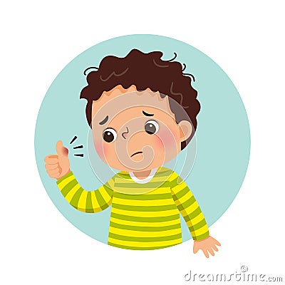 Cartoon sad boy looking at his swollen thumb. Health Problems concept Vector Illustration