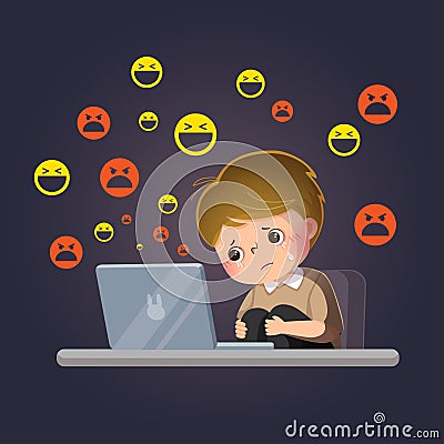 Cartoon of sad boy victim of cyberbullying online in front of his laptop Vector Illustration
