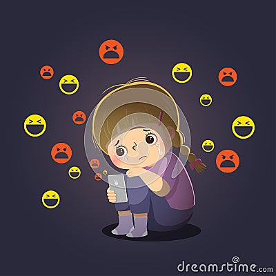 Cartoon of sad girl victim of cyberbullying online sitting alone in the darkroom Vector Illustration