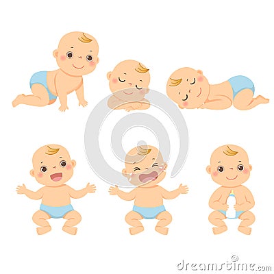 Cartoon set of cute little baby or toddler boy in different activity Vector Illustration