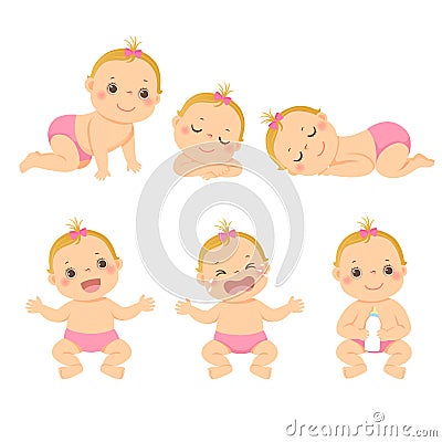 Cartoon set of cute little baby or toddler girl in different activity Vector Illustration