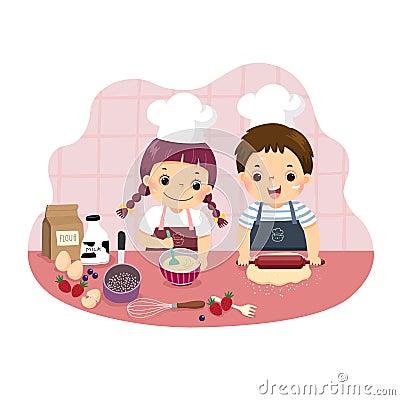 Cartoon of siblings baking together at kitchen counter. Kids doing housework chores at home concept Vector Illustration