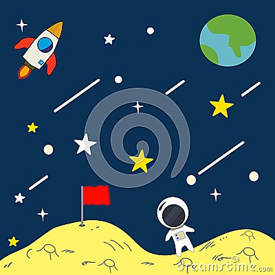 Vector Illustration cartoon Of Space. Space flat vector background with Moon,rocket,stars,Spaceship,Astronaut Vector Illustration