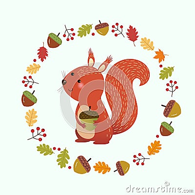 Cartoon squirrel with wreath made of autumn leaves and berries. Hello autumn background Vector Illustration