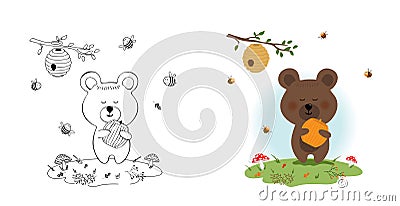 Vector illustration of cartoon style with cute bear with a barrel of honey.Children`s coloring book Stock Photo