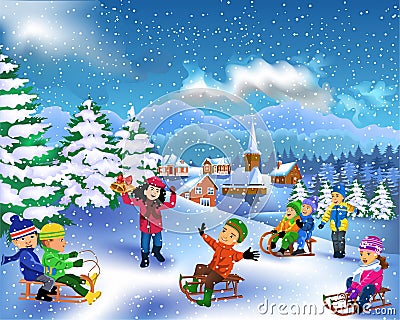 Happy children enjoying winter season Vector Illustration