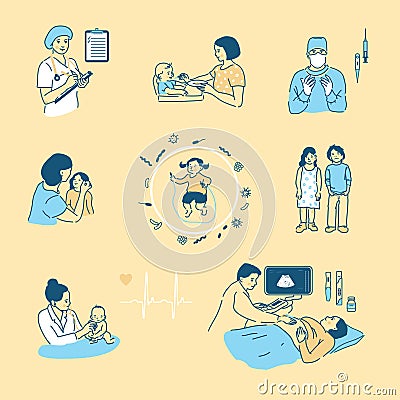Vector illustration in cartoon style. Children s health, pregnancy, care of an infant, motherhood. A large set of images Vector Illustration