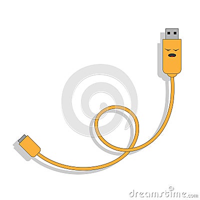 Vector illustration of cartoon USB cable with stern face in yellow kawaii style twisted in a loop with shadow on white background Cartoon Illustration