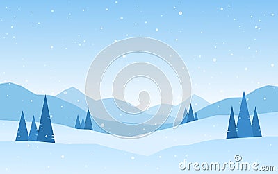 Cartoon Winter snowy Mountains landscape with pines and hills Vector Illustration