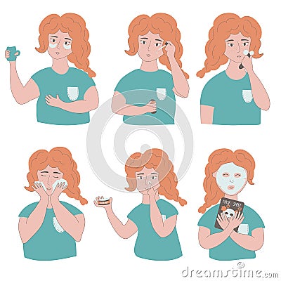 illustration of cartoon woman doing skincare routine. Beauty treatments for moisturizing, anti-acne, anti-wrinkle Vector Illustration