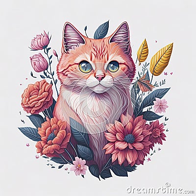 Vector illustration of a cat with flowers. Cartoon Illustration
