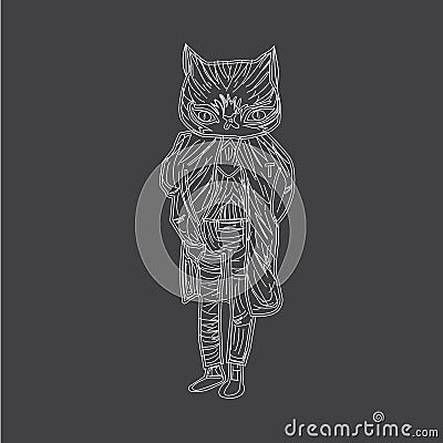 Vector illustration of a cat in a suit. Dark background white cat. Vector Illustration