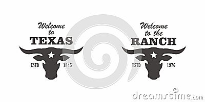 Set of black and white illustrations of bull, star, text on white background. Vector Illustration