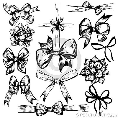 Vector illustration of Celebration Bows Decor black and white doodles set. Elements isolated on white background Vector Illustration