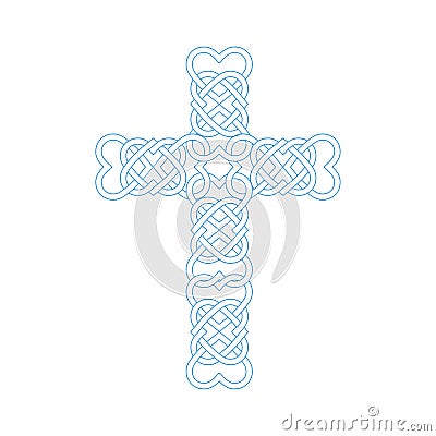 Vector illustration: Celtic knot cross with heart shapes. Gaelic or Celtic medieval style knotwork of Holy Cross isolated. Vector Illustration