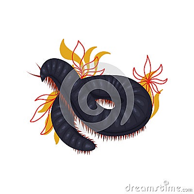Vector illustration of centipede with foliage and stems. Trendy clipart with a julida and foliage. An insect with a chitinous Vector Illustration