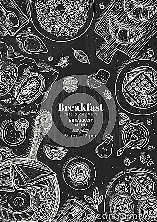 Chalkboard vertical breakfast top view illustration. Various food background. Engraved style illustration. Vector illustration Vector Illustration