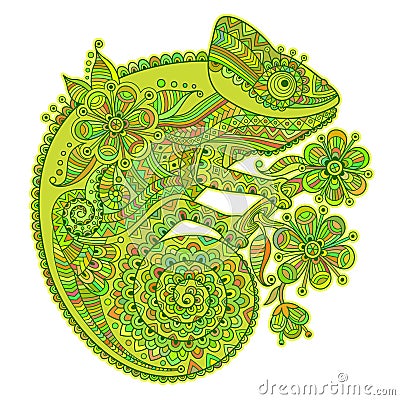 Vector illustration with a chameleon and beautiful patterns in shades of green Vector Illustration