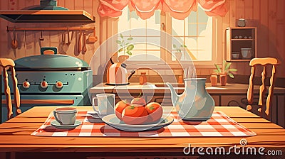 vector illustration of a charming country kitchen with a laid table Cartoon Illustration