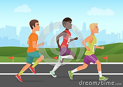 Vector illustration of cheerful black and white sportsmen running on stadium. Runners people. Vector Illustration