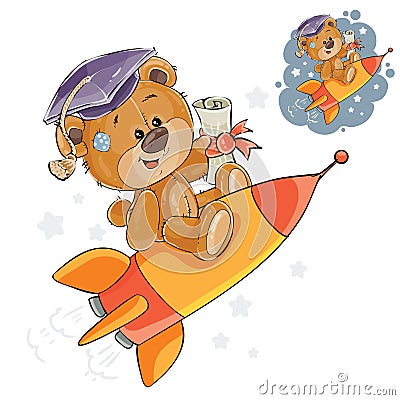 Vector illustration of a cheerful brown teddy bear in the graduation cap flies on a rocket into adulthood, a metaphor Vector Illustration