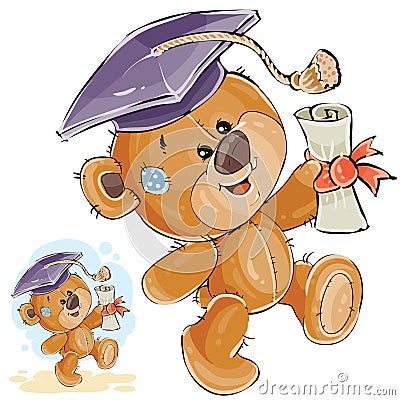 Vector illustration of a cheerful brown teddy bear in the graduation cap holding in his paw a university diploma Vector Illustration