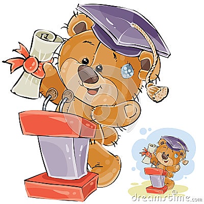 Vector illustration of a cheerful brown teddy bear in the graduation cap makes a speech at the graduation ceremony Vector Illustration