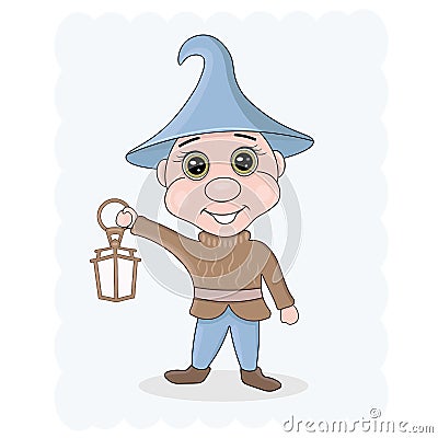 Vector illustration of a cheerful, fairy-tale dwarf, elf with a lantern. Vector Illustration