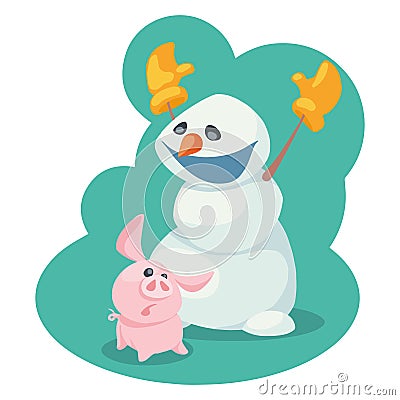 Cartoon snowman in yellow mittens with a piglet. vector illustration Vector Illustration