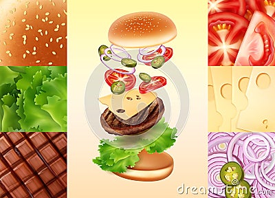 Vector illustration of cheeseburger in exploded view with tomato, cheese, onion, jalapenos, beef, lettuce and bun Vector Illustration