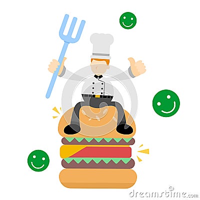 chef restaurant cooking and giant burger food smile nice feedback icon flat cartoon doodle design vector illustration Vector Illustration