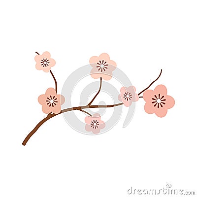 Vector illustration of cherry blossom branch with small pink flowers. Spring awakening concept. Logo design element Vector Illustration